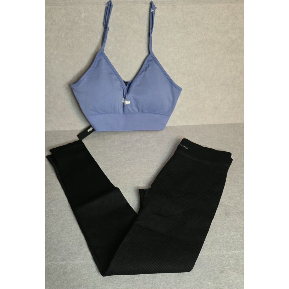 CIVIL REGIME No Tomorrow Sz L Blue Sports Rose Bra Black Ribbed Leggings Set NWT